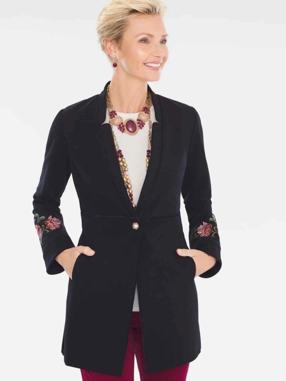 Chico’s Black Floral Embroidered Longline Blazer Jacket Satin Trim L 12 14